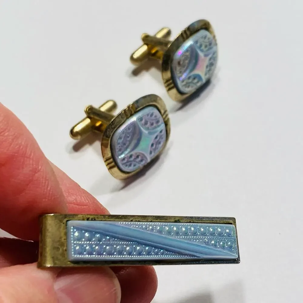 Vintage Mid Century Jewelry Set for Man Tie Bar Cufflinks Goldtone & Texture MOP